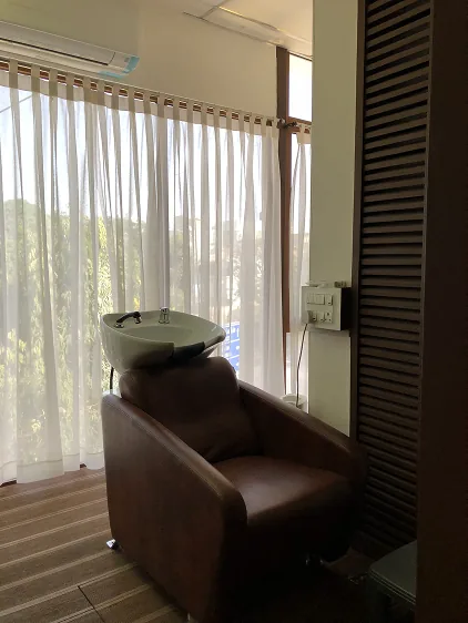 Backwash chair beside sheer curtains with garden view