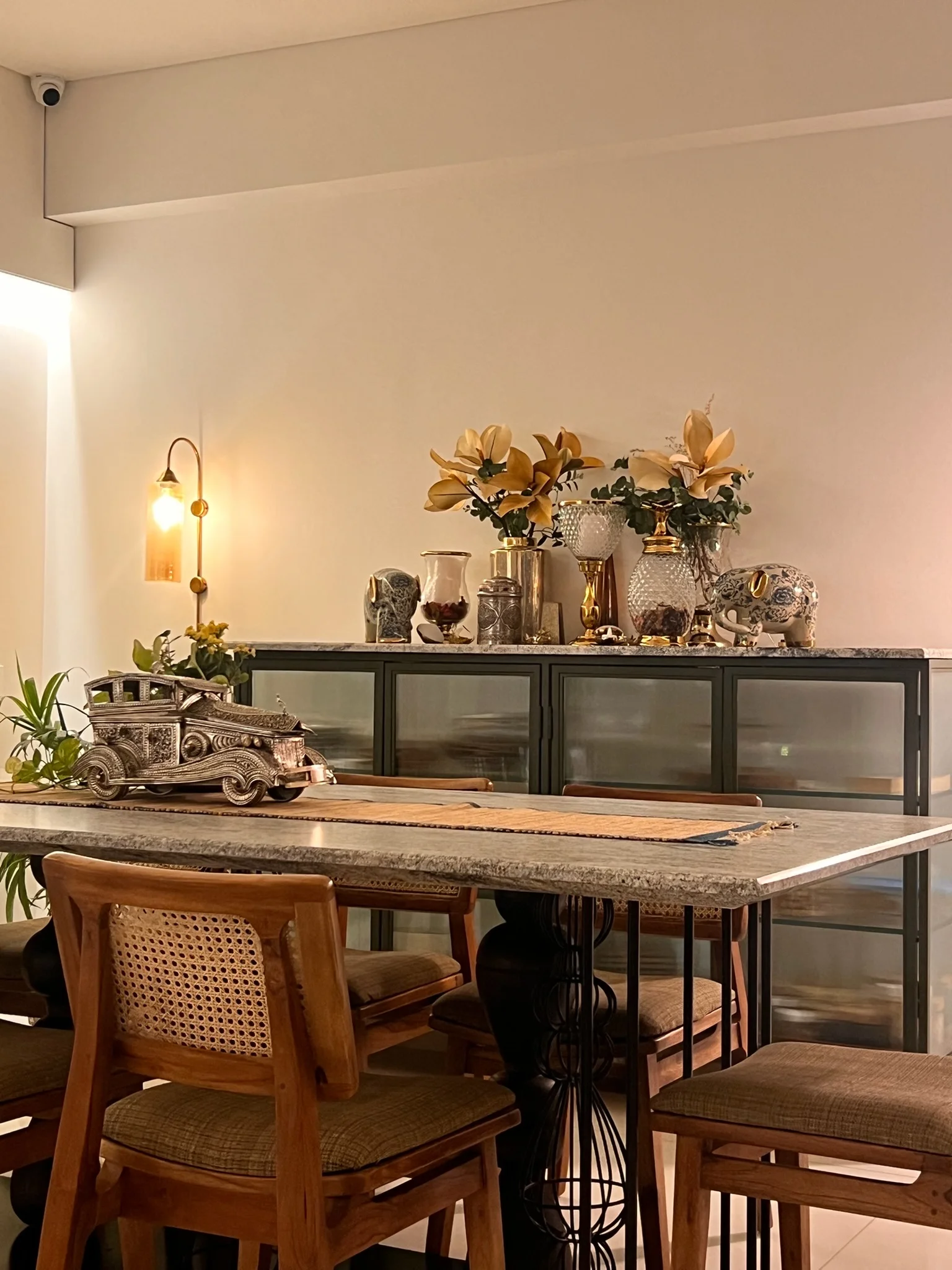 Dining console with vintage car decor