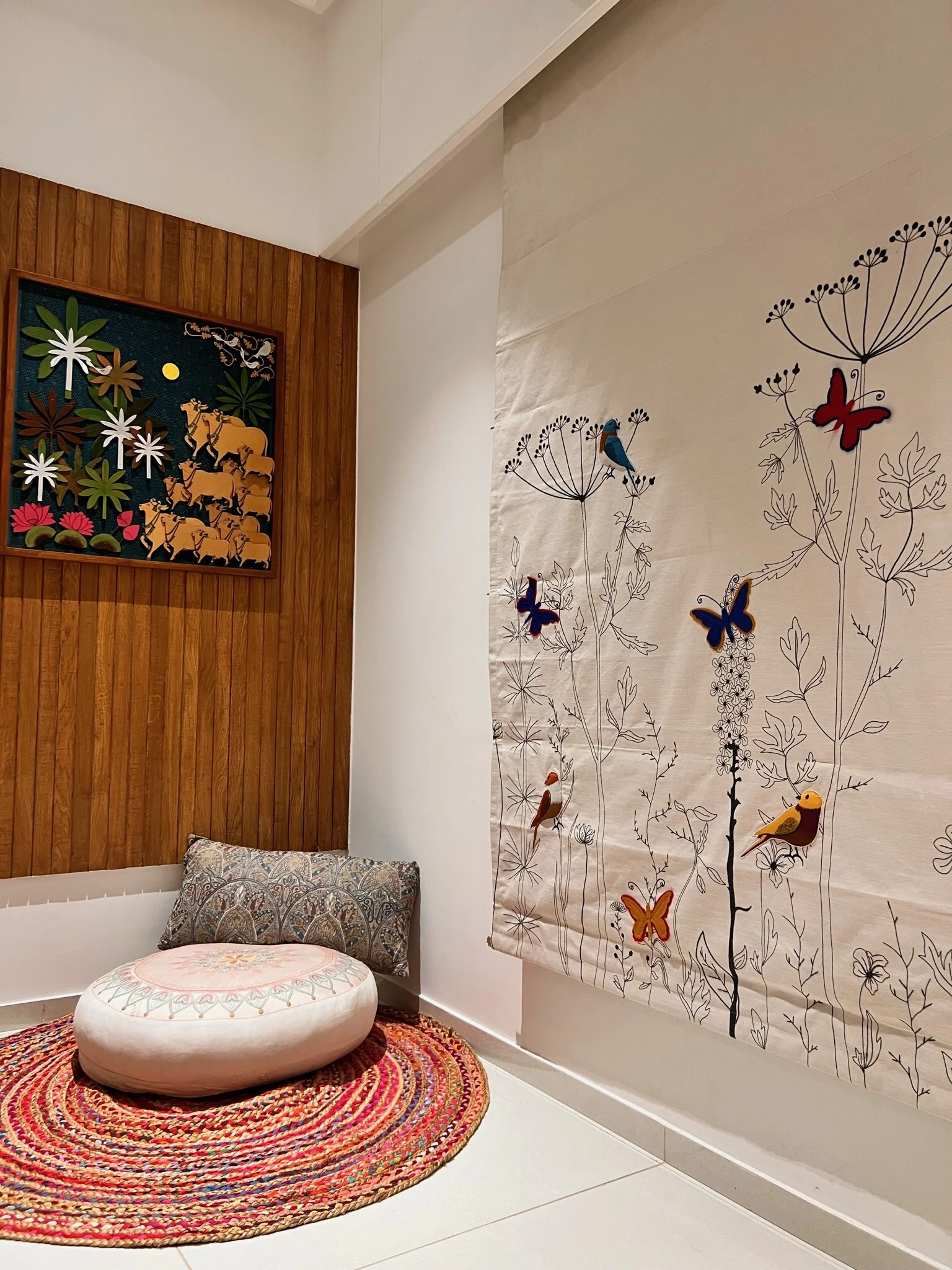 Reading nook with tapestry wall art